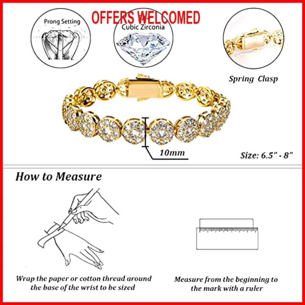 10mm Gold Plated Tennis Bracelet, 6.5 Inch, Cubic Zirconia Iced Out Link - Picture 2 of 7